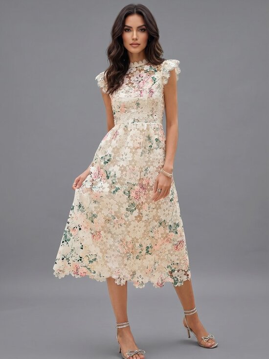 Dresses & Skirts - Women's Floral Lace Midi Dress Cap Sleeve Wedding Guest Party Cocktail